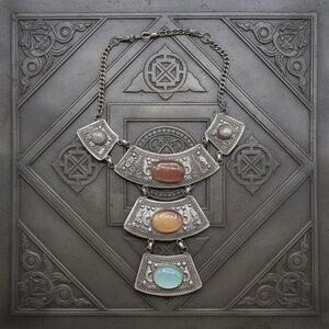 Vintage Silver Tone Statement Necklace, Multicolor Cabochon Stones, Boho Tribal